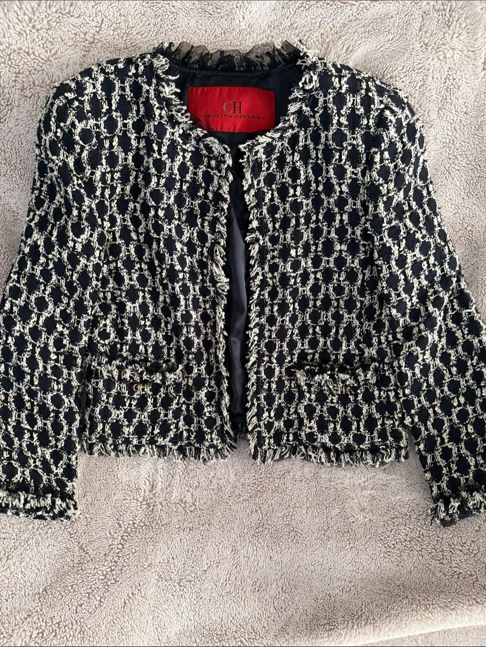 Carolina Herrera Navy and White/Cream Bouclé Cropped Jacket with 3/4 sleeves